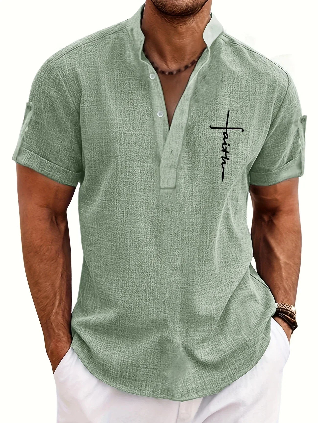 Leblanc™ | Elegant short-sleeve shirt with a stand-up collar