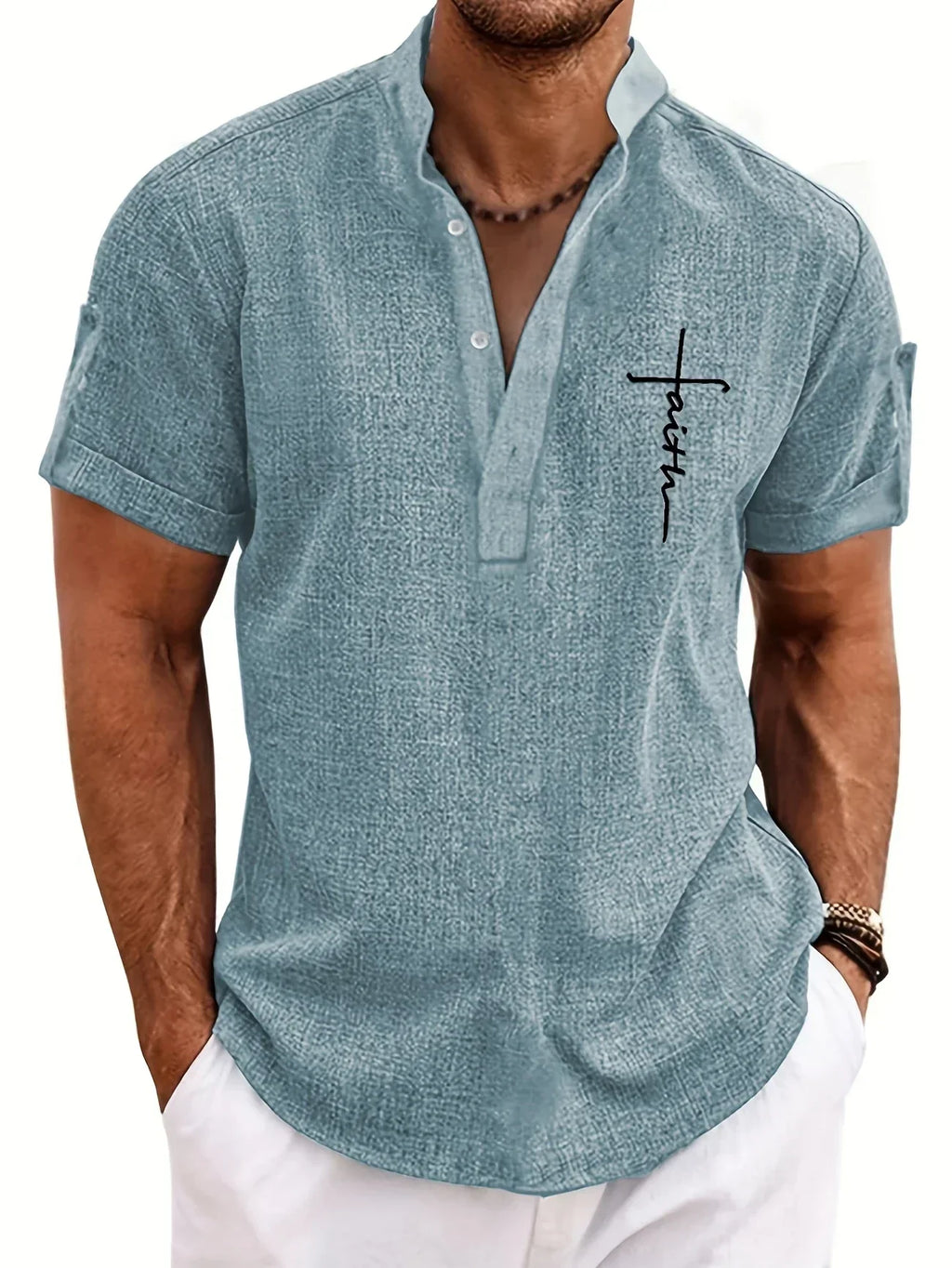 Leblanc™ | Elegant short-sleeve shirt with a stand-up collar