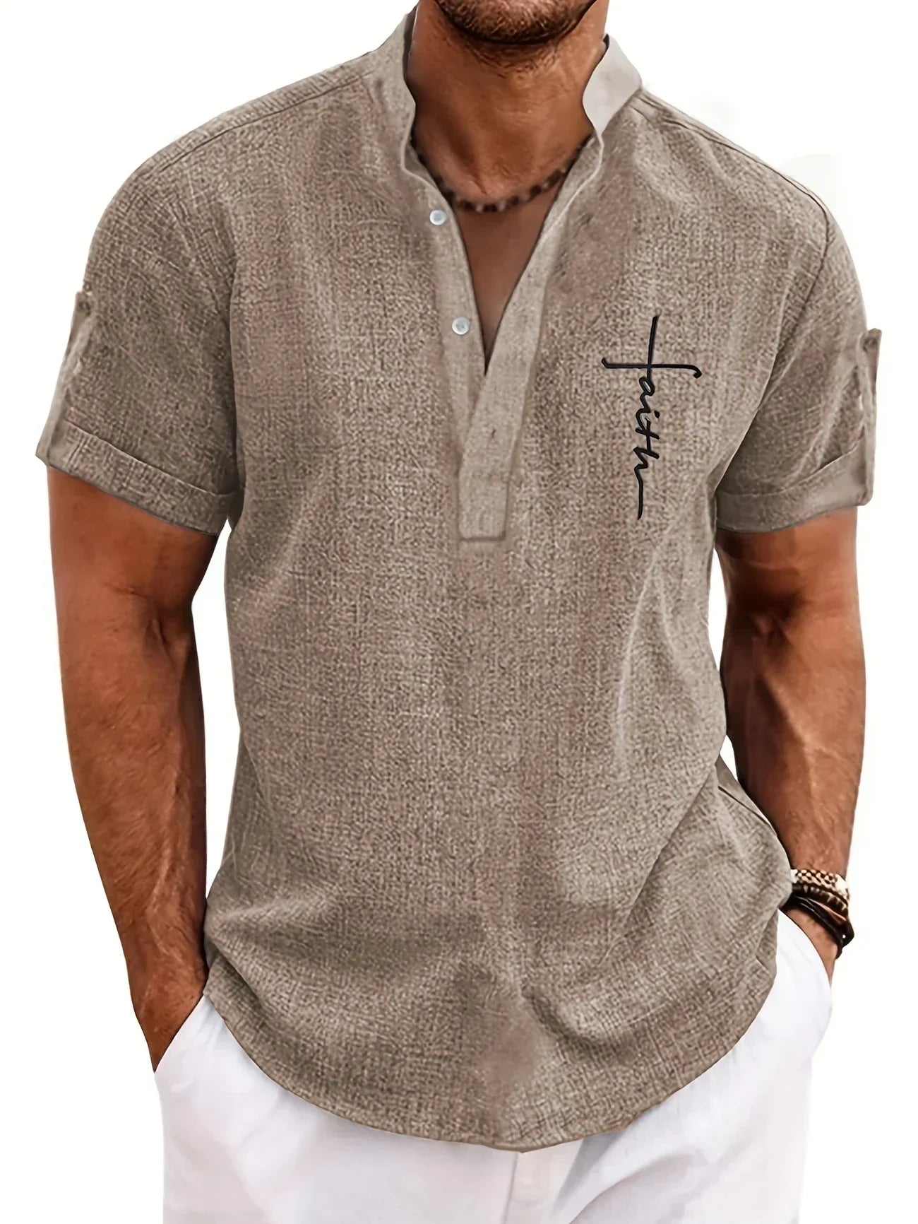 Leblanc™ | Elegant short-sleeve shirt with a stand-up collar