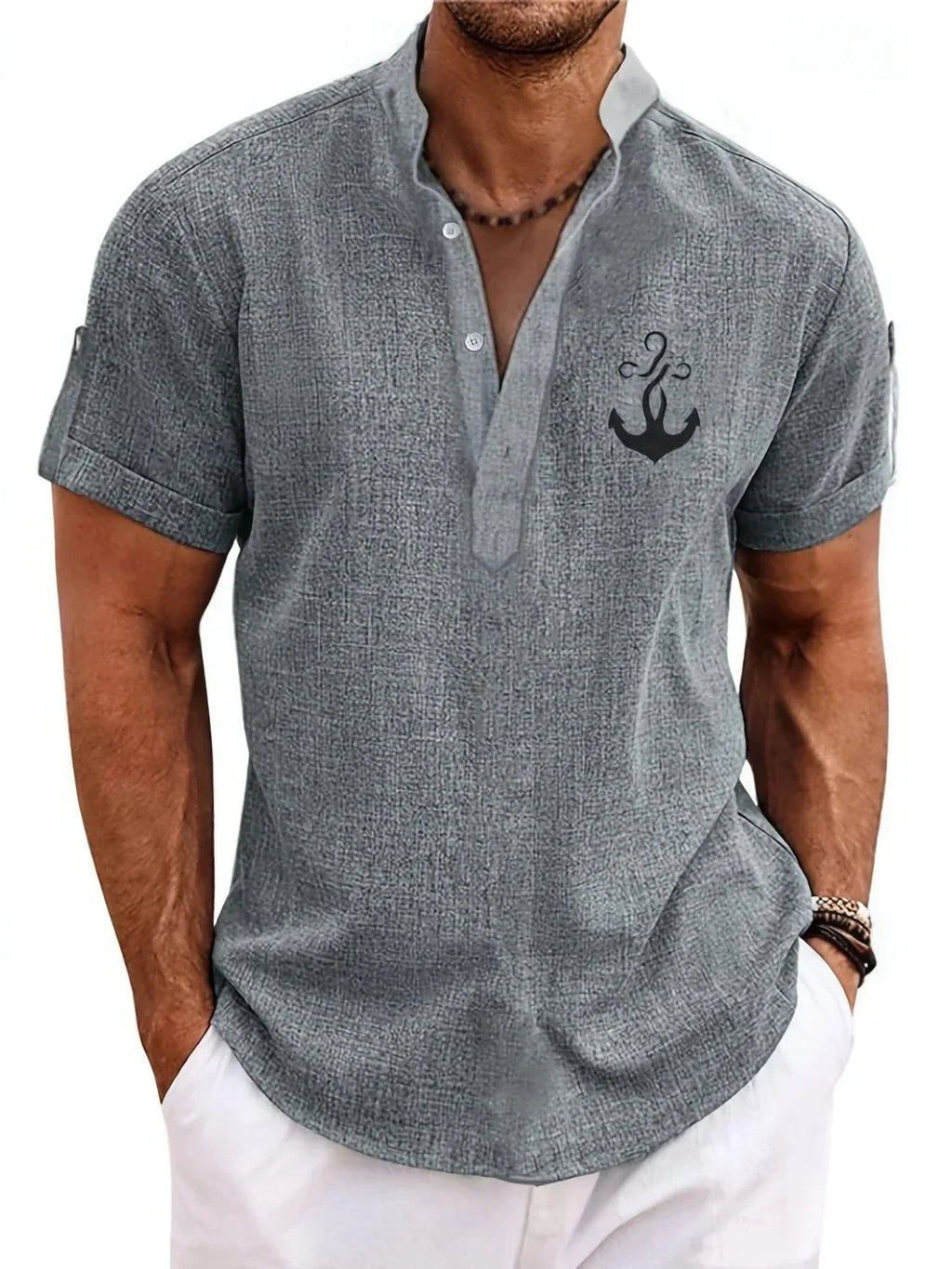 Leblanc™ | Elegant short-sleeve shirt with a stand-up collar