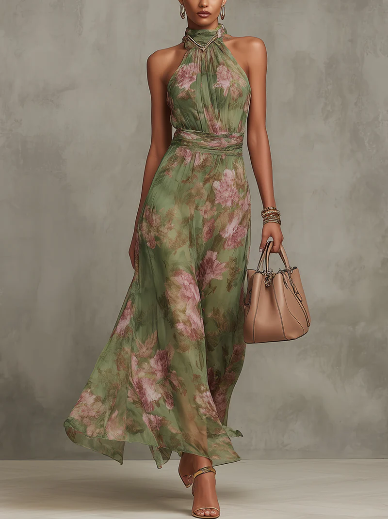 Livia™ | Elegant Floral Halter Maxi Dress