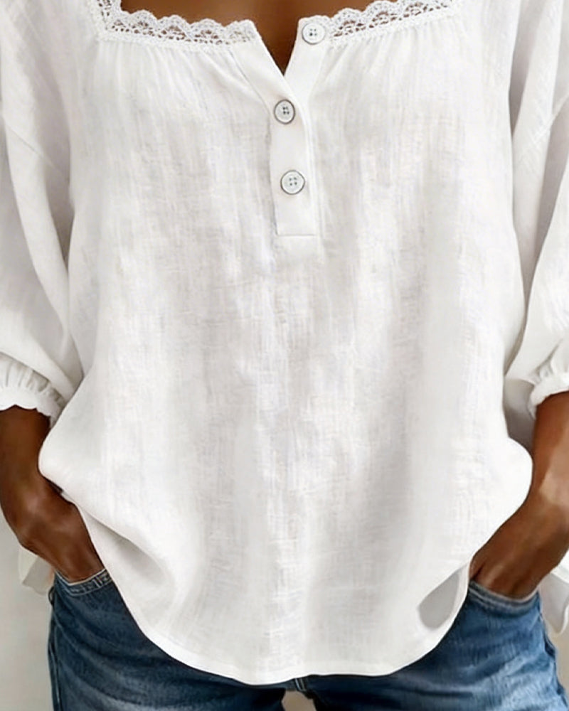 Square Neck Lace Blouse with Puff Sleeves