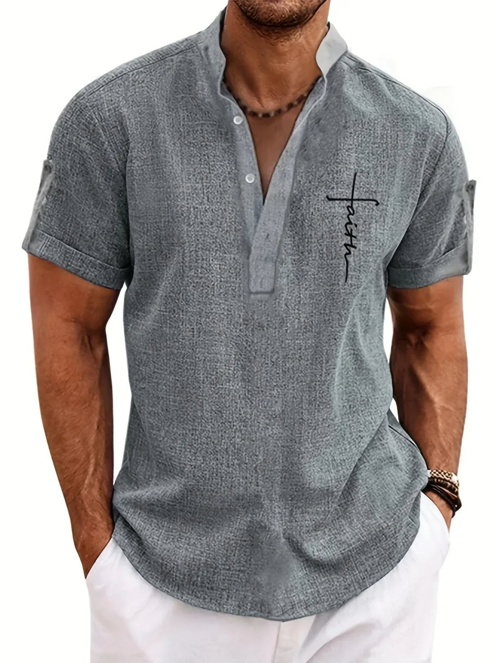 Leblanc™ | Elegant short-sleeve shirt with a stand-up collar