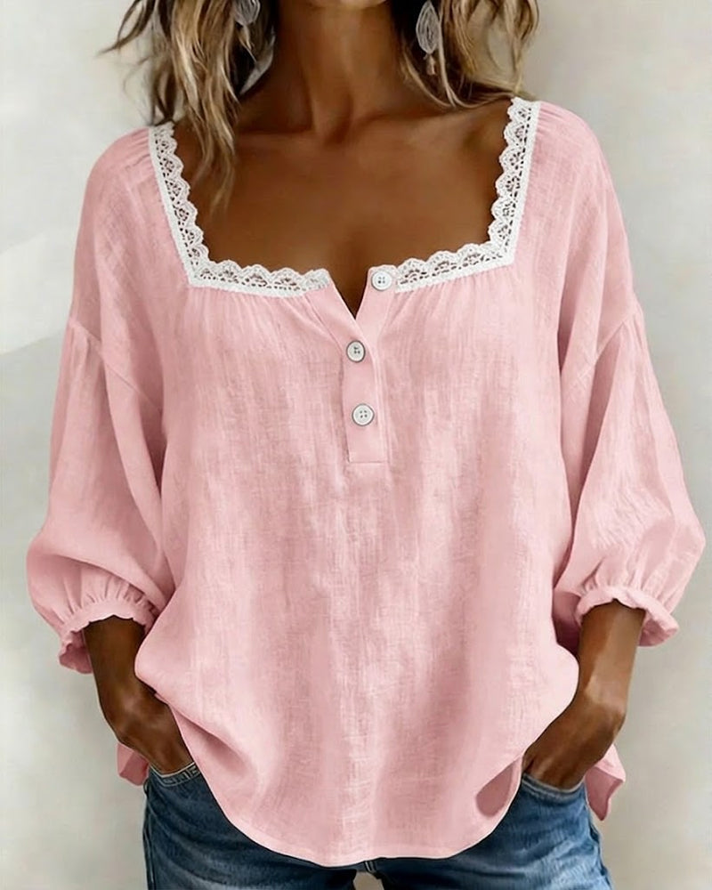 Square Neck Lace Blouse with Puff Sleeves