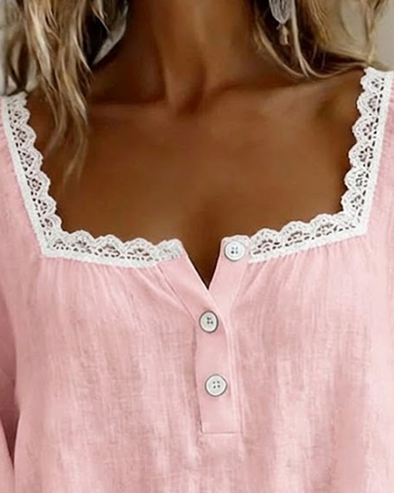 Square Neck Lace Blouse with Puff Sleeves