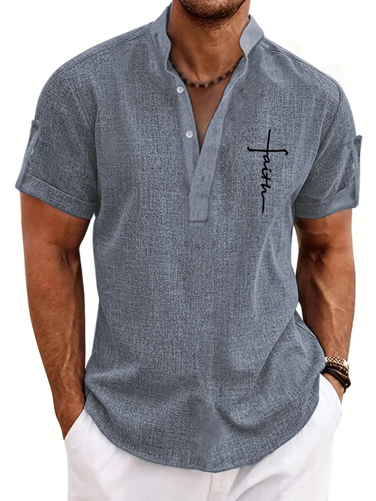 Leblanc™ | Elegant short-sleeve shirt with a stand-up collar