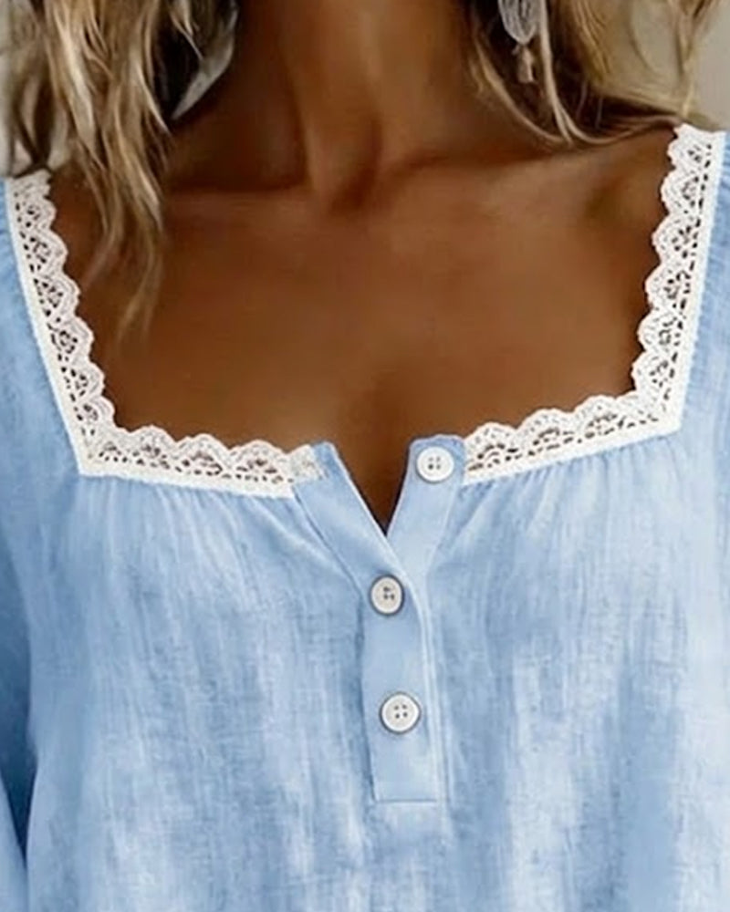 Square Neck Lace Blouse with Puff Sleeves