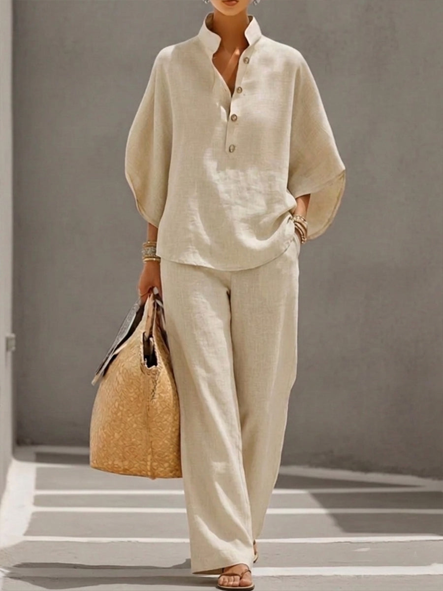 Mariel | Cotton Linen Batwing Sleeve Top and Wide Leg Pants Set