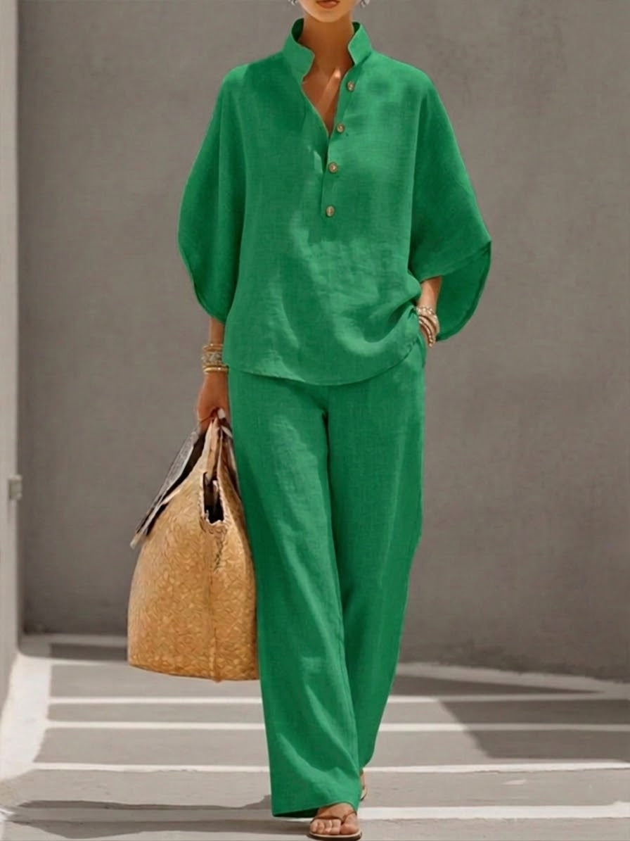 Mariel | Cotton Linen Batwing Sleeve Top and Wide Leg Pants Set