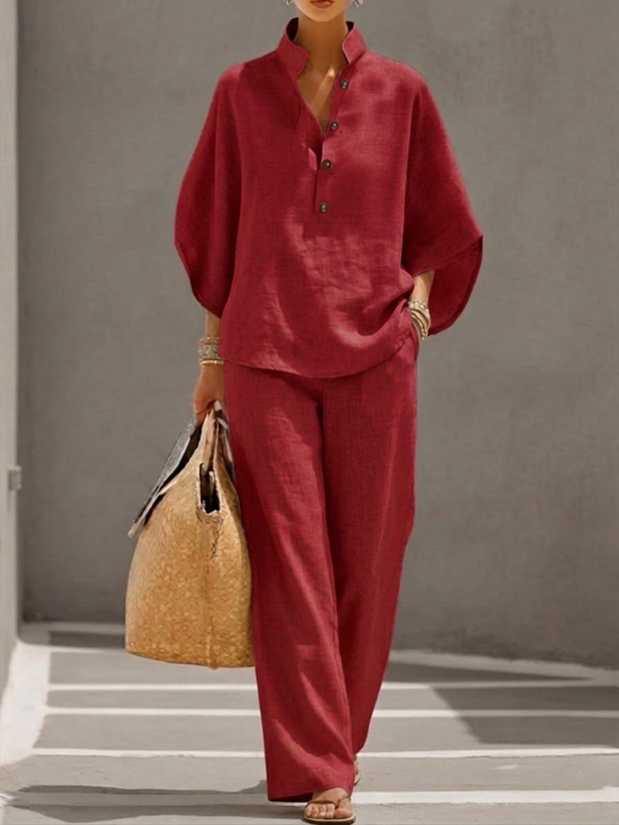 Mariel | Cotton Linen Batwing Sleeve Top and Wide Leg Pants Set