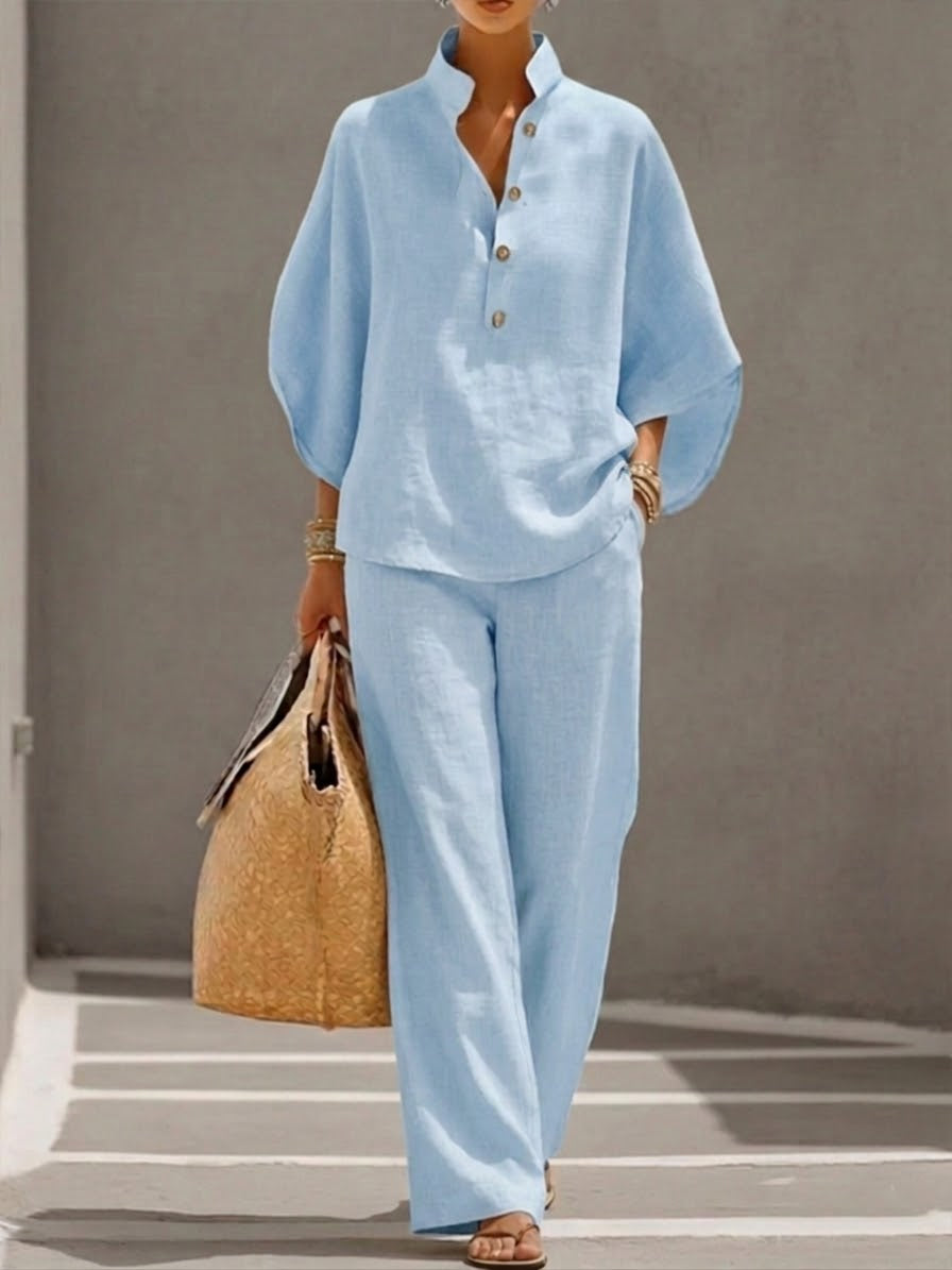 Mariel | Cotton Linen Batwing Sleeve Top and Wide Leg Pants Set