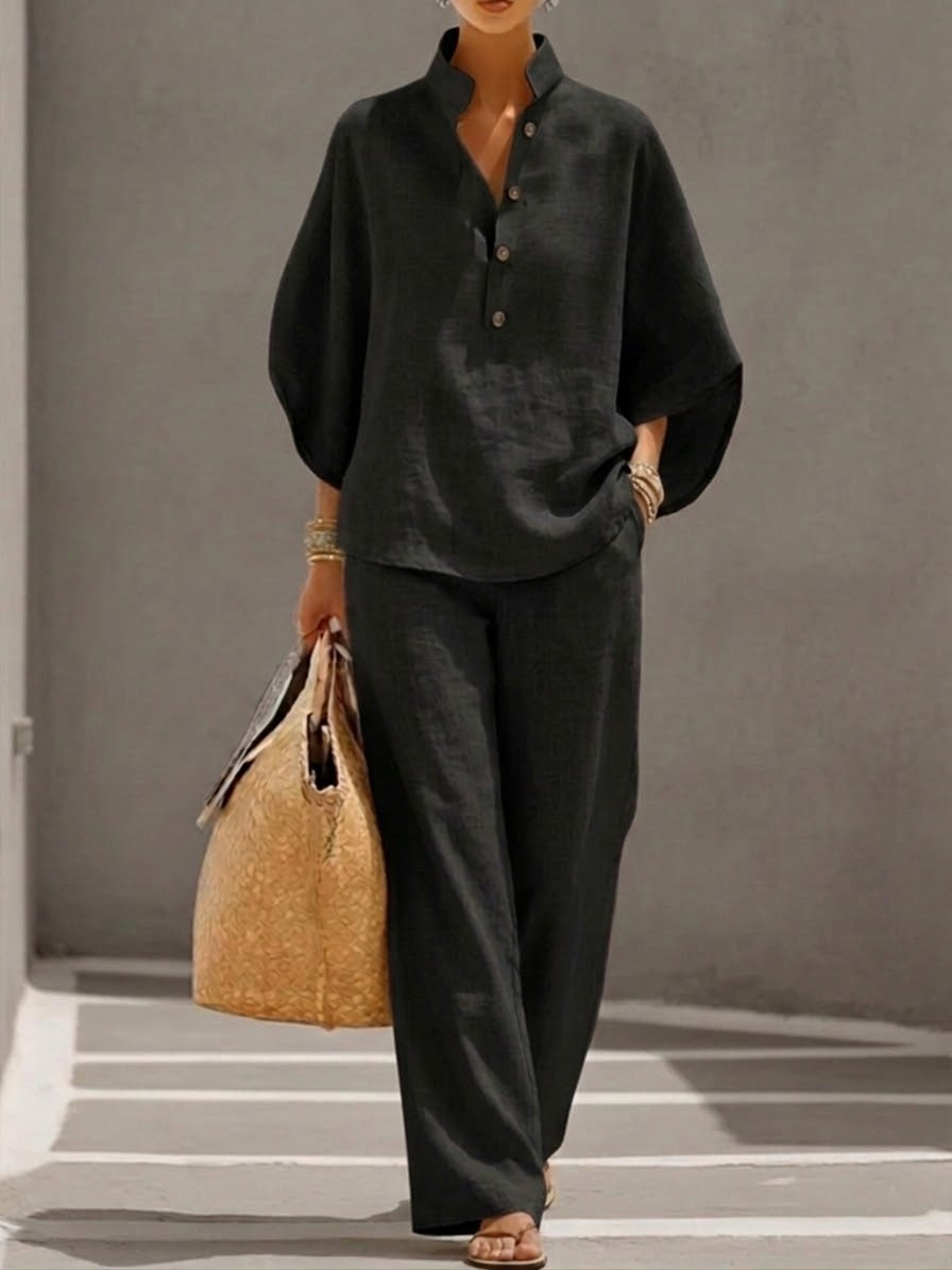 Mariel | Cotton Linen Batwing Sleeve Top and Wide Leg Pants Set