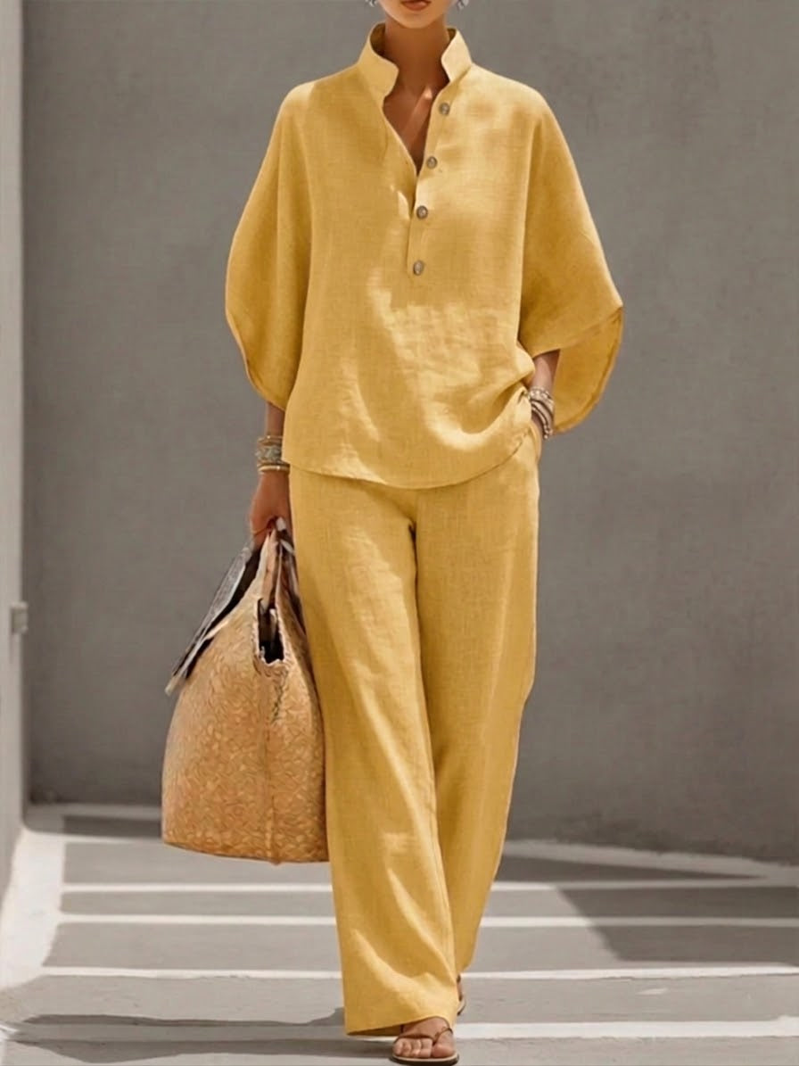 Mariel | Cotton Linen Batwing Sleeve Top and Wide Leg Pants Set